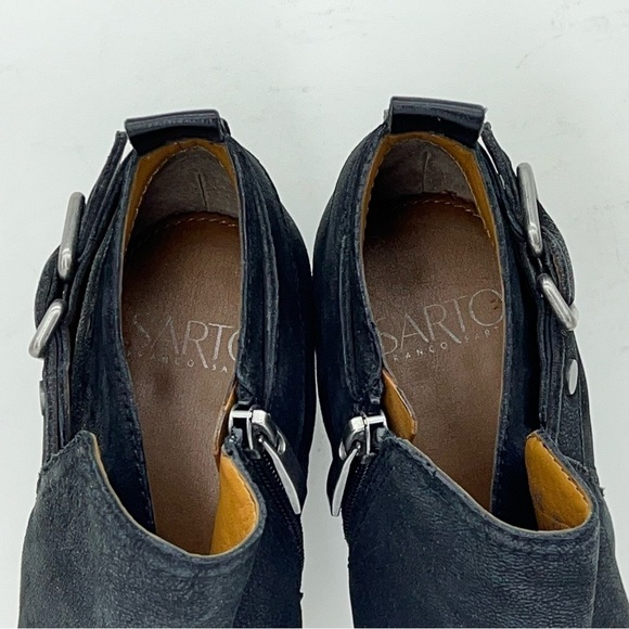 Franco Sarto Heeled Moto Boots Ankle Booties Black Leather Boho Western Fall - Picture 13 of 15